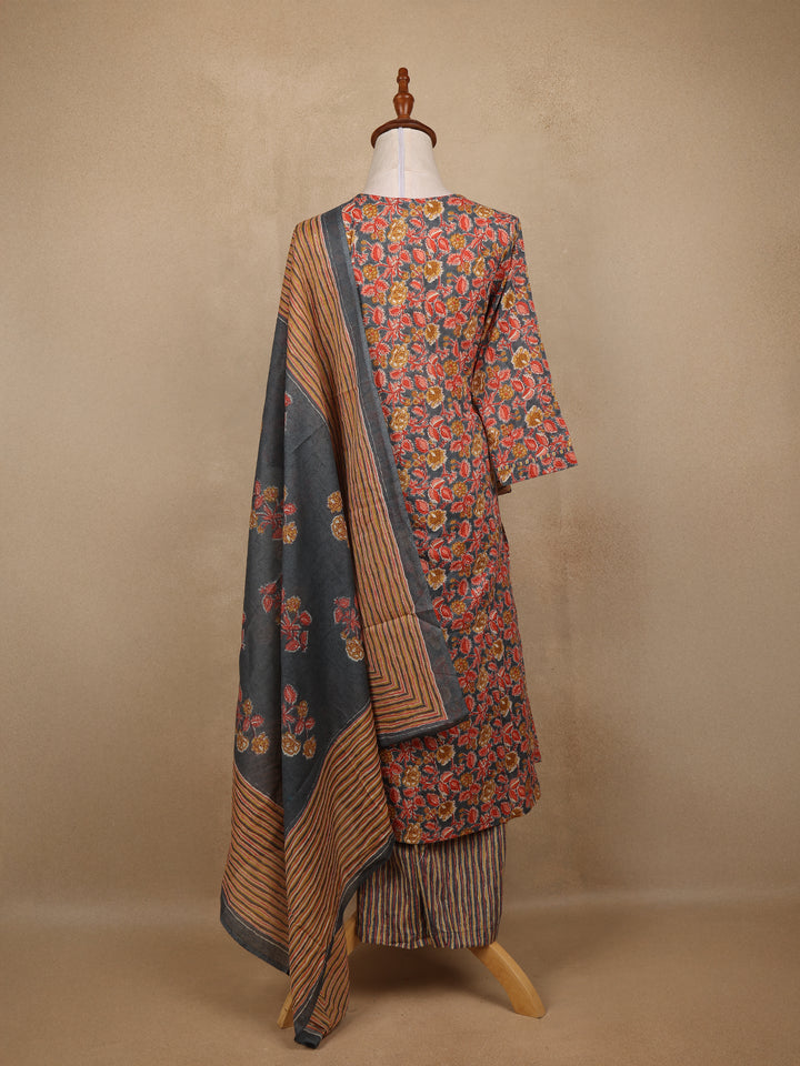 Grey Floral Design Printed Cotton Salwar Suit - Diadem