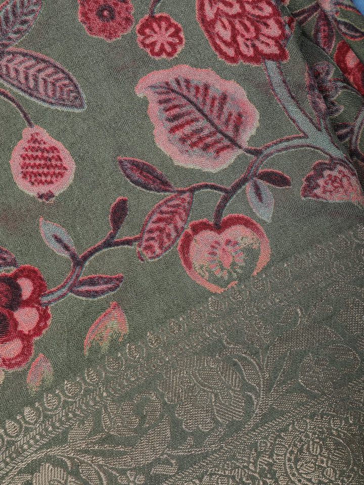 Grey Floral Printed Cotton Saree - Diadem