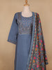 Grey Floral Designed Semi Silk Salwar Suit - Diadem