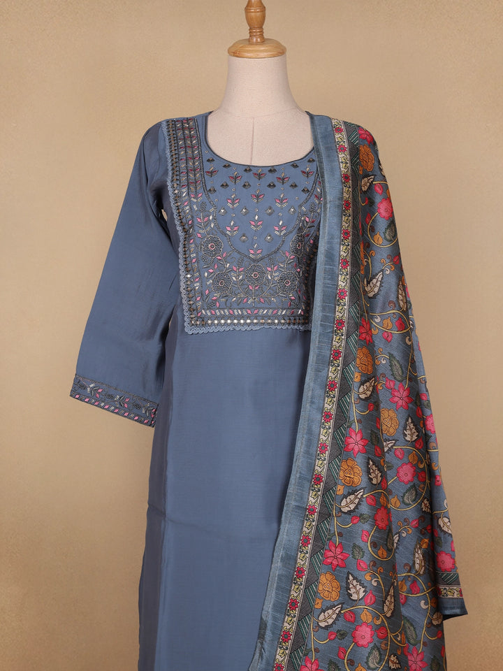 Grey Floral Designed Semi Silk Salwar Suit - Diadem