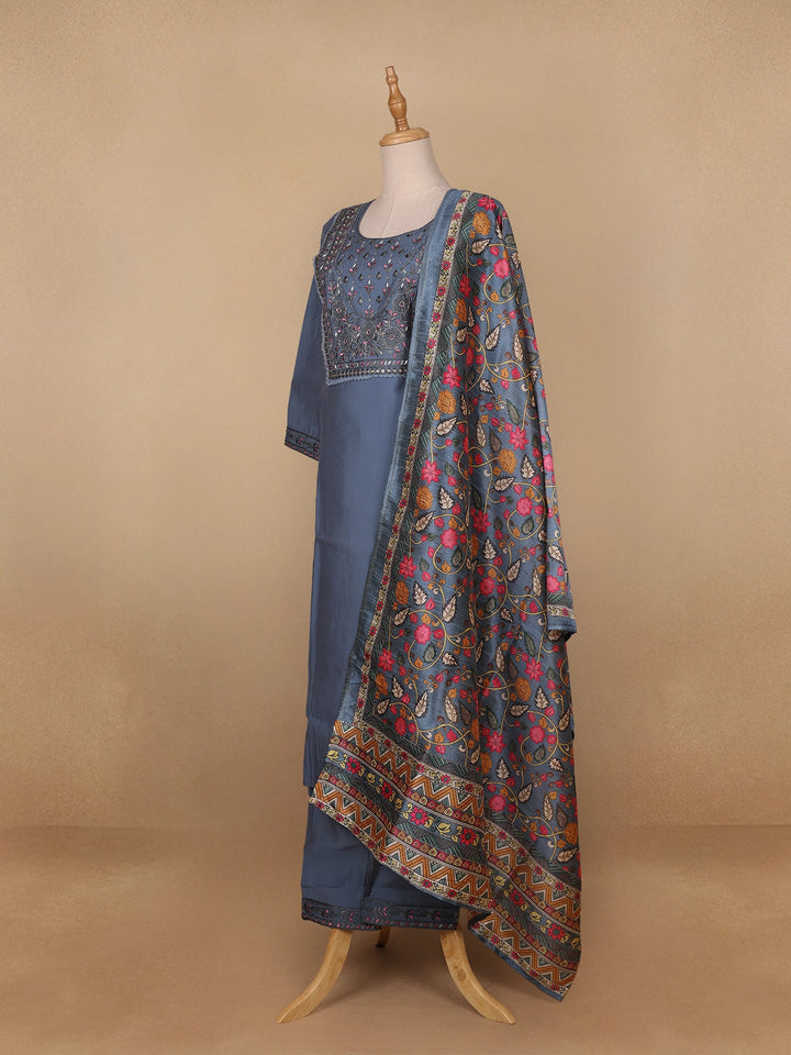 Grey Floral Designed Semi Silk Salwar Suit - Diadem