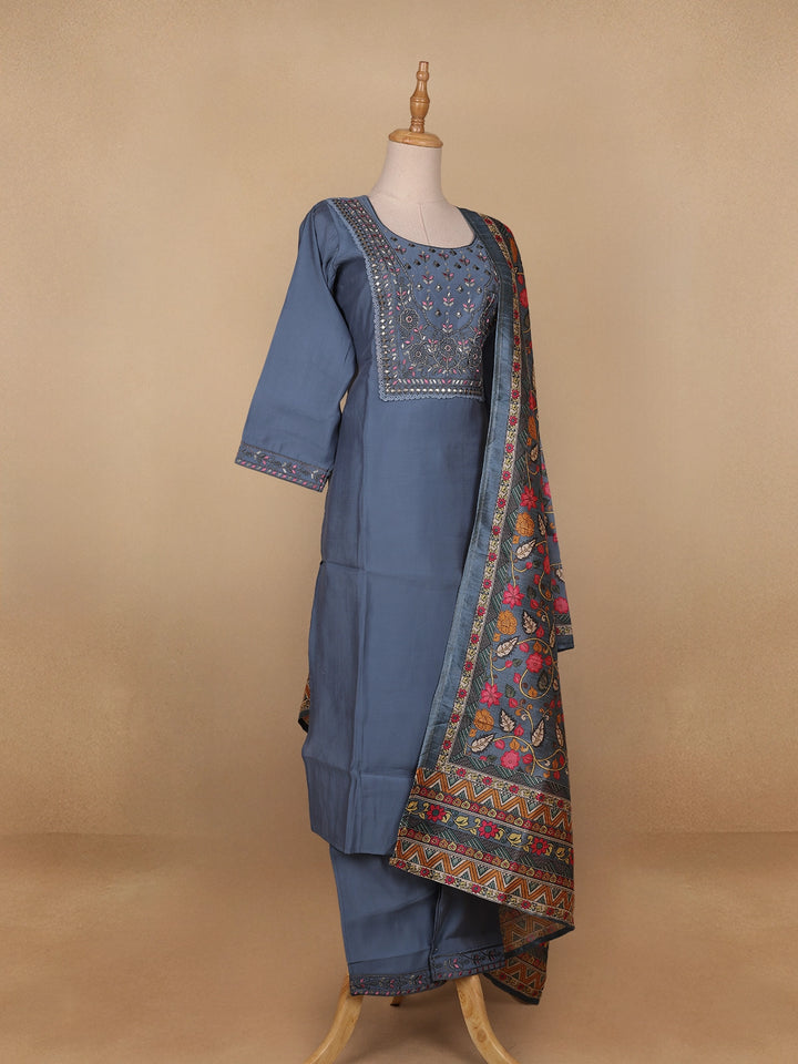 Grey Floral Designed Semi Silk Salwar Suit - Diadem