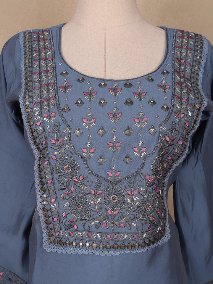 Grey Floral Designed Semi Silk Salwar Suit - Diadem