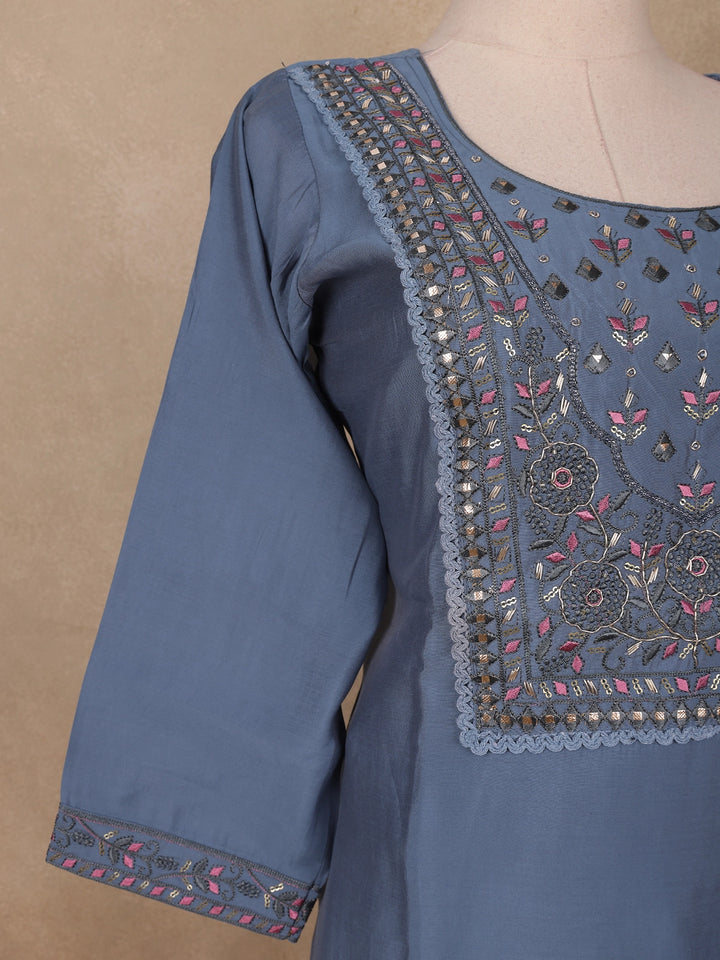 Grey Floral Designed Semi Silk Salwar Suit - Diadem