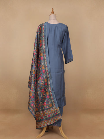 Grey Floral Designed Semi Silk Salwar Suit - Diadem