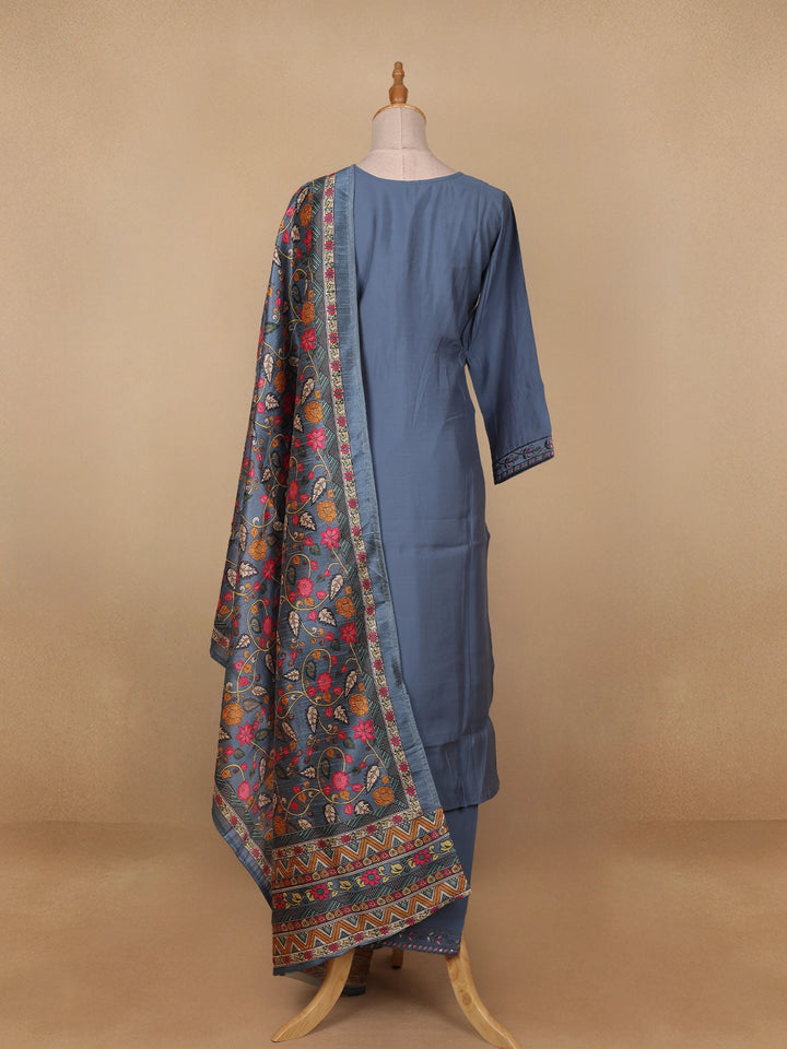 Grey Floral Designed Semi Silk Salwar Suit - Diadem