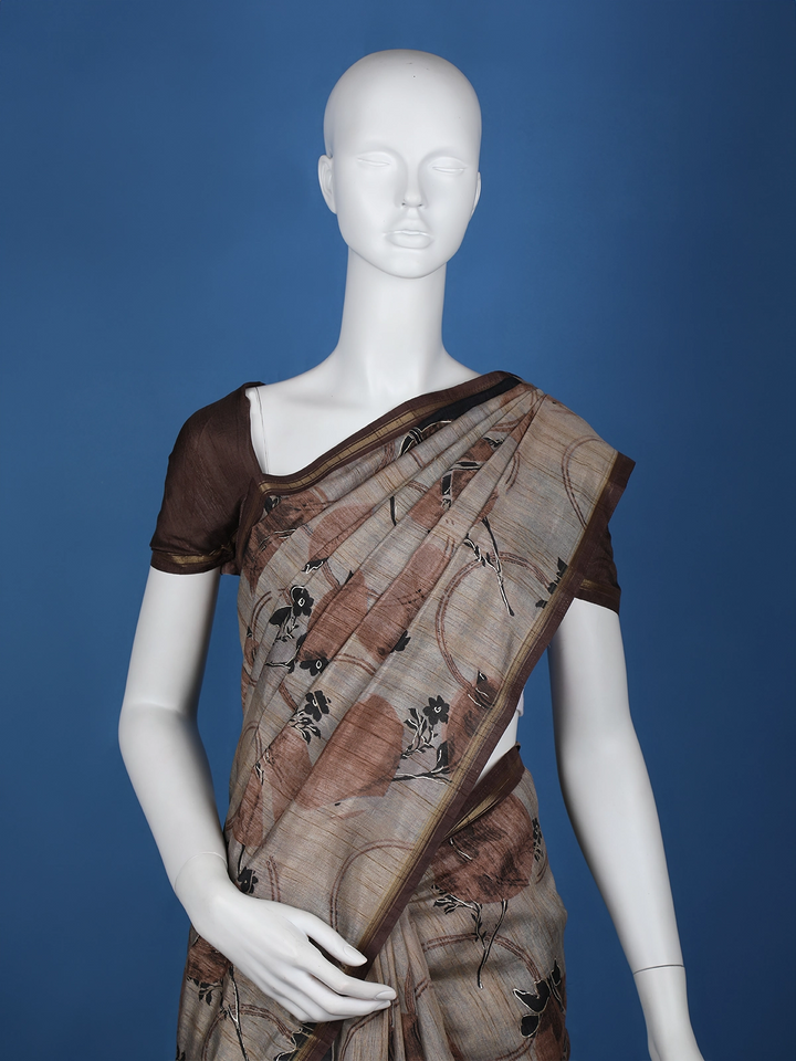 Grey Floral Designed Semi Tussar Saree - Diadem