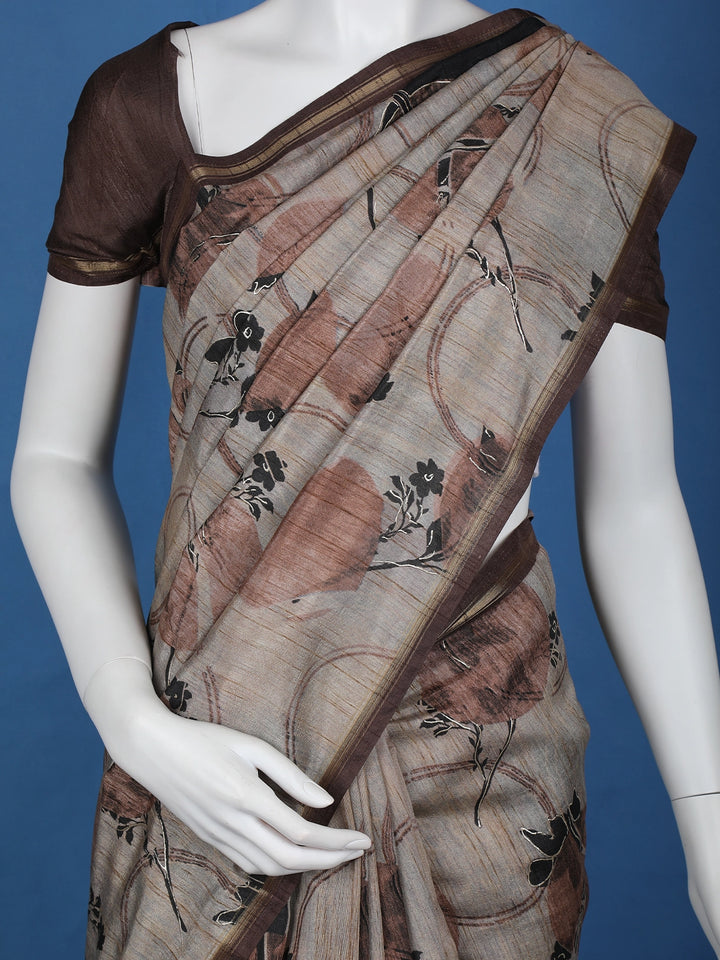 Grey Floral Designed Semi Tussar Saree - Diadem