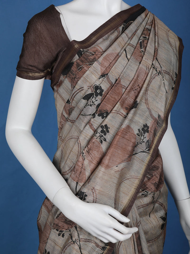 Grey Floral Designed Semi Tussar Saree - Diadem