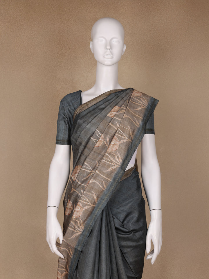 Grey Floral Designed Semi Tussar Saree - Diadem
