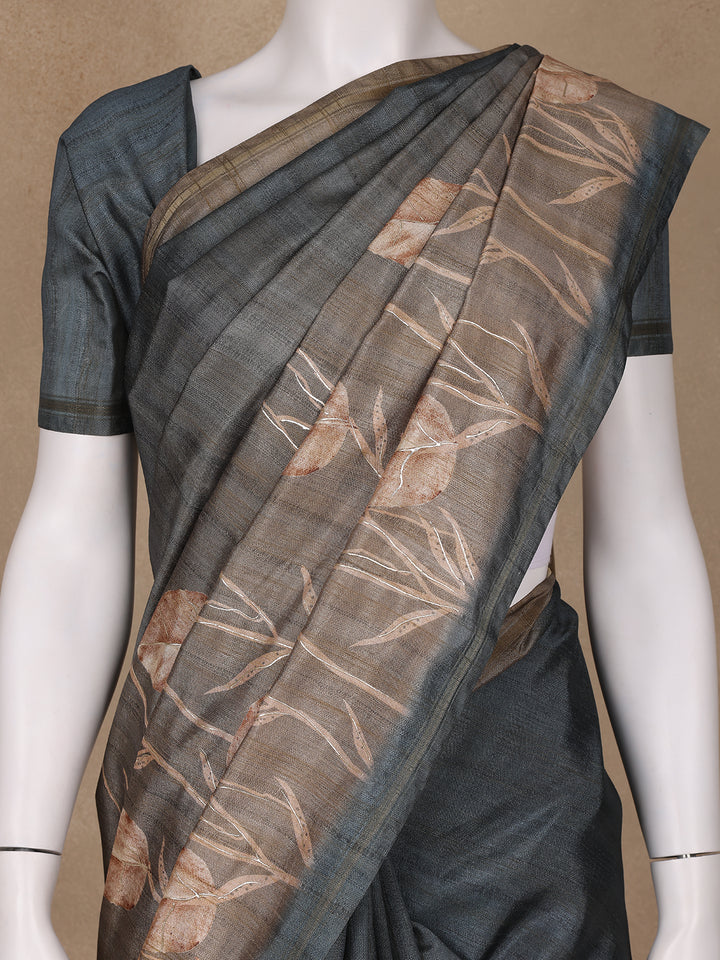 Grey Floral Designed Semi Tussar Saree - Diadem
