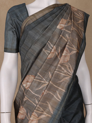 Grey Floral Designed Semi Tussar Saree - Diadem