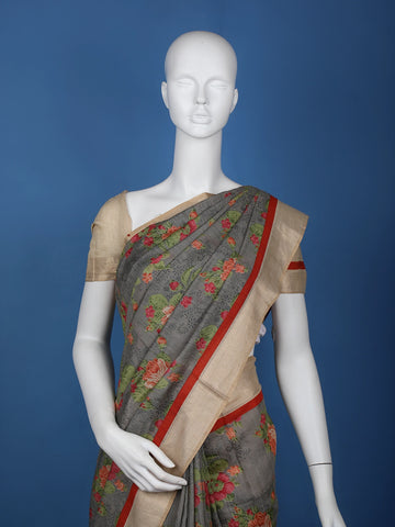 Grey Floral Designed Chanderi Cotton Saree - Diadem
