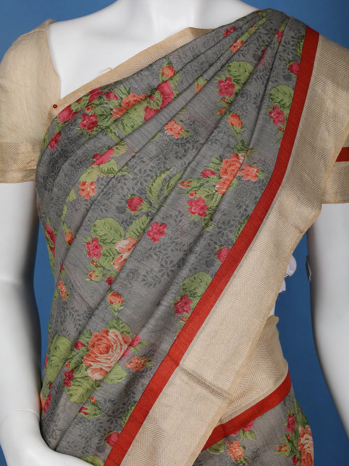 Grey Floral Designed Chanderi Cotton Saree - Diadem