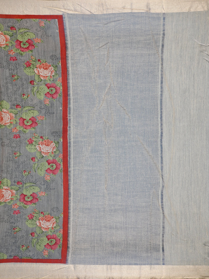 Grey Floral Designed Chanderi Cotton Saree - Diadem
