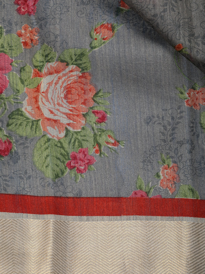 Grey Floral Designed Chanderi Cotton Saree - Diadem