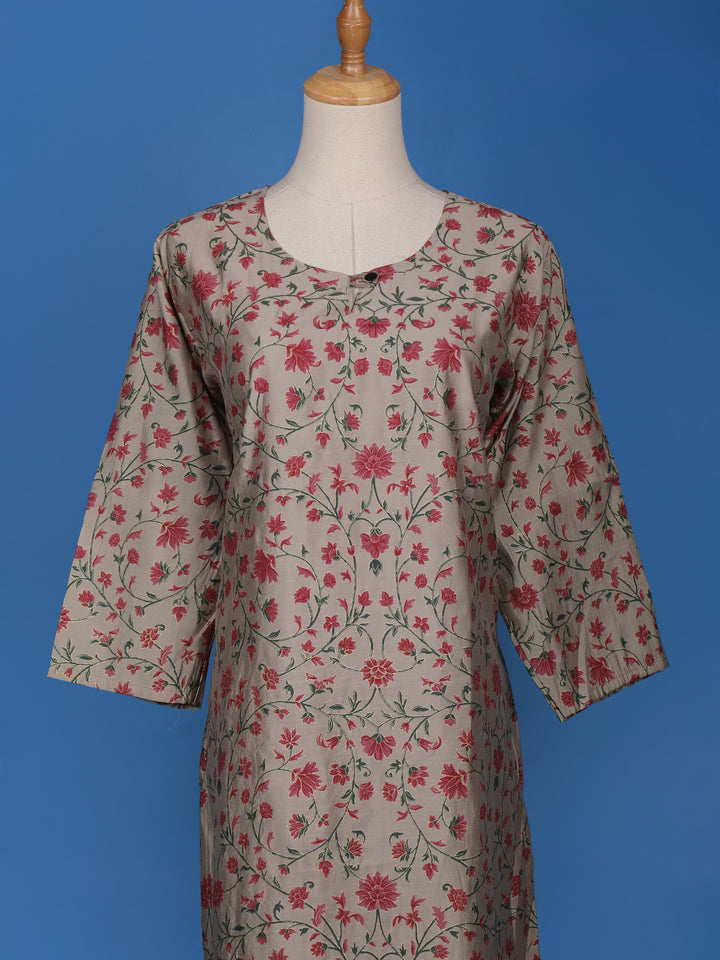 Grey Floral Designed Cotton Kurti - Diadem