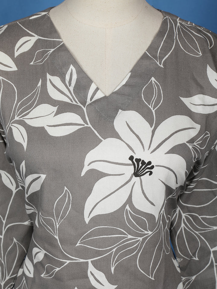 Grey Floral Designed Cotton Salwar Suit - Diadem
