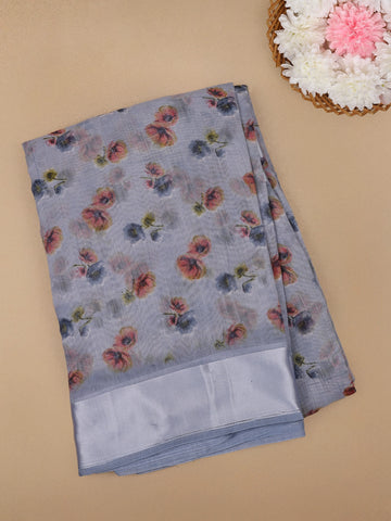 Grey Floral Designed Fancy Cotton Saree - Diadem
