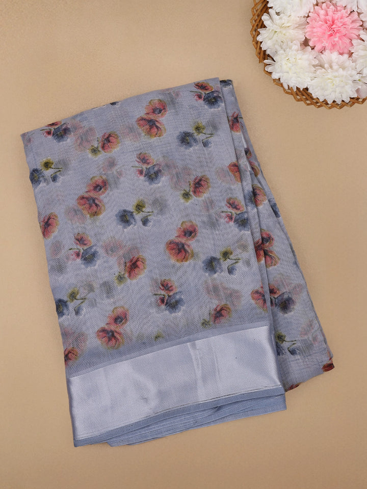 Grey Floral Designed Fancy Cotton Saree - Diadem