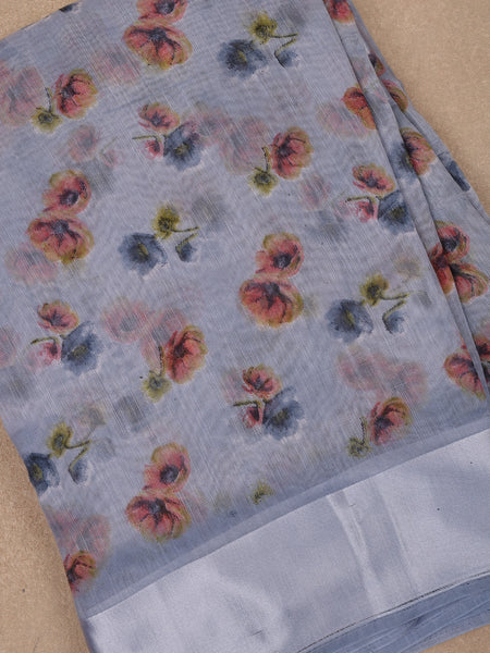 Grey Floral Designed Fancy Cotton Saree - Diadem