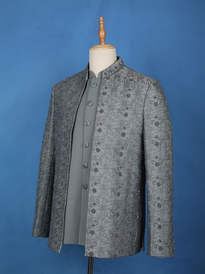 Grey Floral Designed Jodhpuri Men's Suit - Diadem