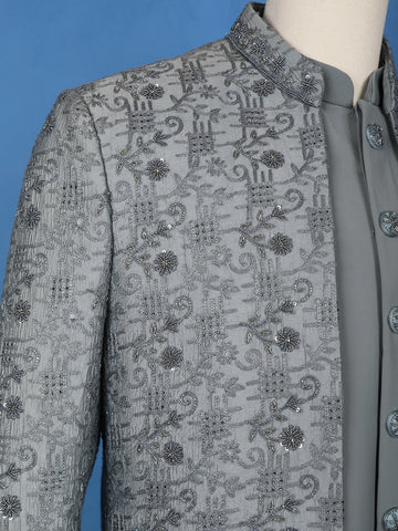 Grey Floral Designed Jodhpuri Men's Suit - Diadem