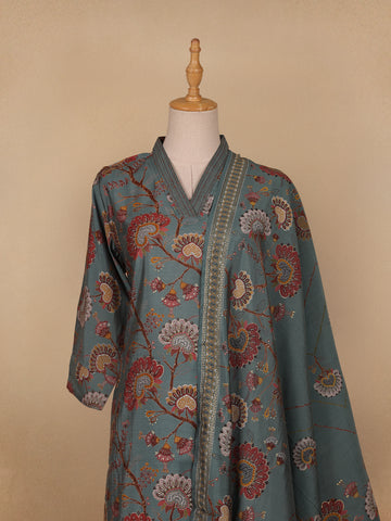 Grey Floral Designed Semi Silk Salwar Suit - Diadem