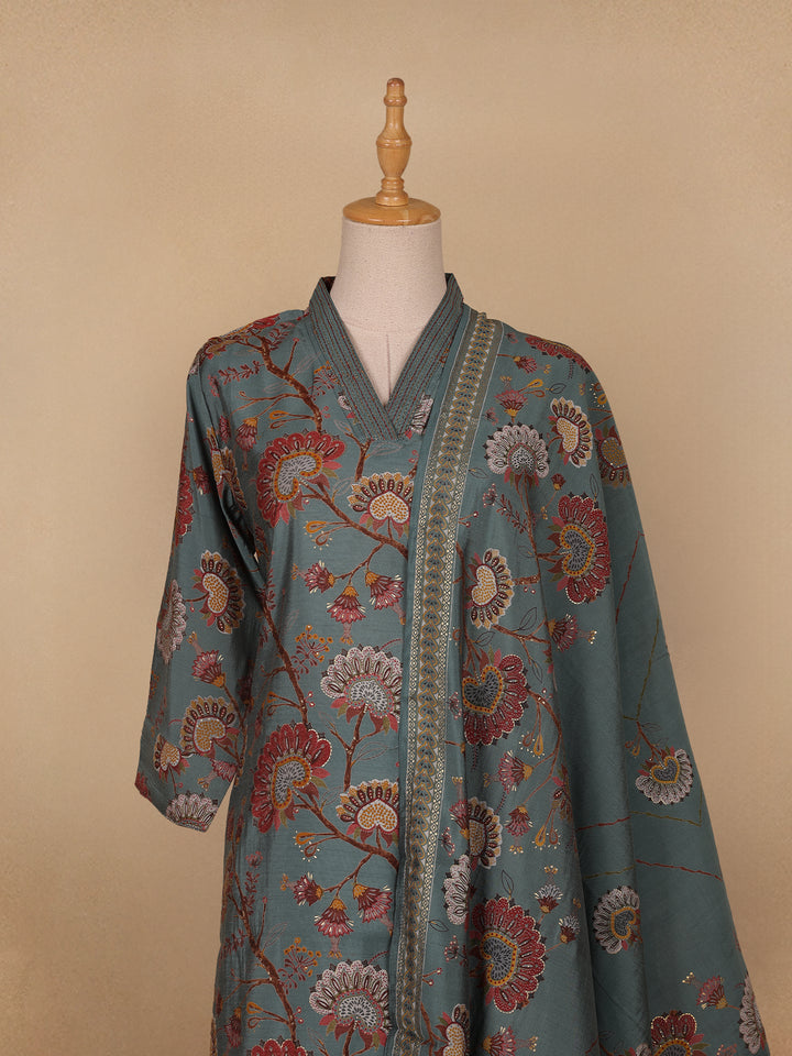 Grey Floral Designed Semi Silk Salwar Suit - Diadem