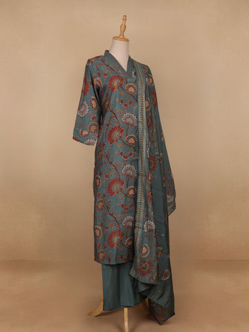 Grey Floral Designed Semi Silk Salwar Suit - Diadem