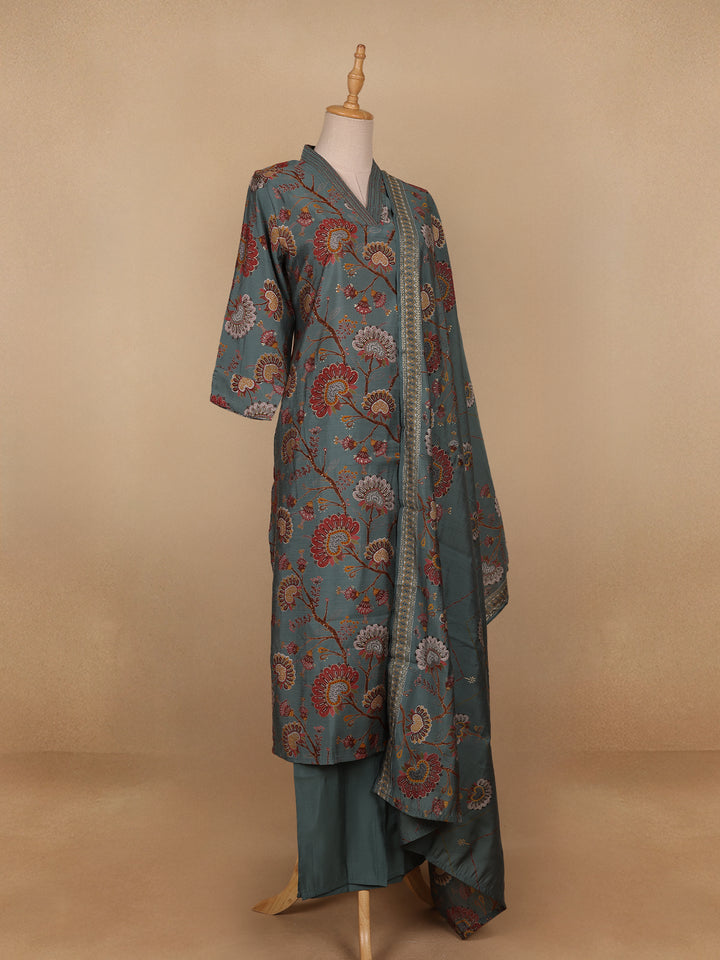 Grey Floral Designed Semi Silk Salwar Suit - Diadem