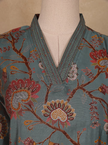 Grey Floral Designed Semi Silk Salwar Suit - Diadem