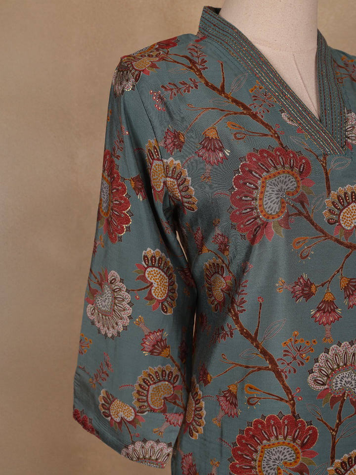 Grey Floral Designed Semi Silk Salwar Suit - Diadem