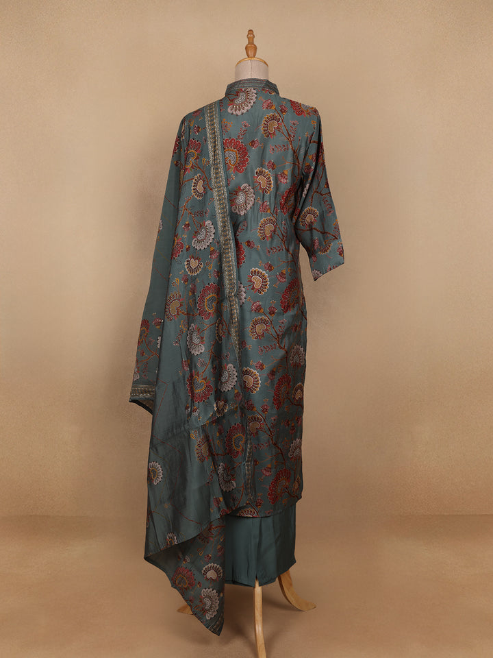 Grey Floral Designed Semi Silk Salwar Suit - Diadem