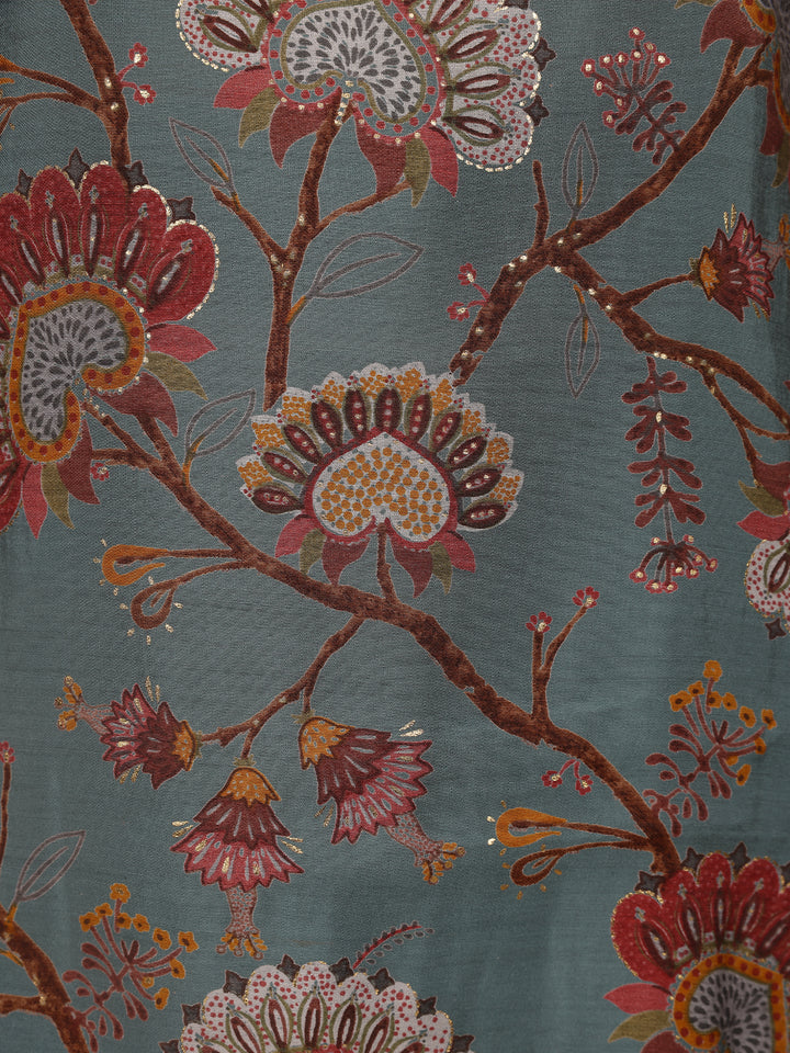 Grey Floral Designed Semi Silk Salwar Suit - Diadem