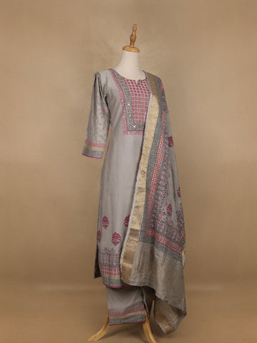 Grey Floral Designed Semi Silk Salwar Suit - Diadem