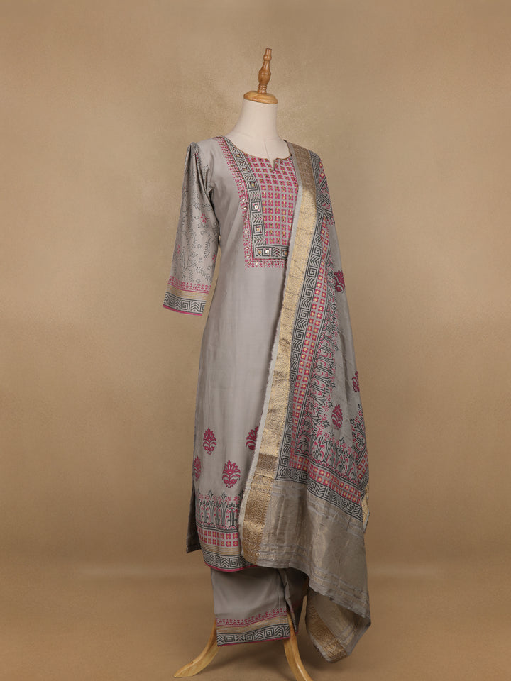 Grey Floral Designed Semi Silk Salwar Suit - Diadem