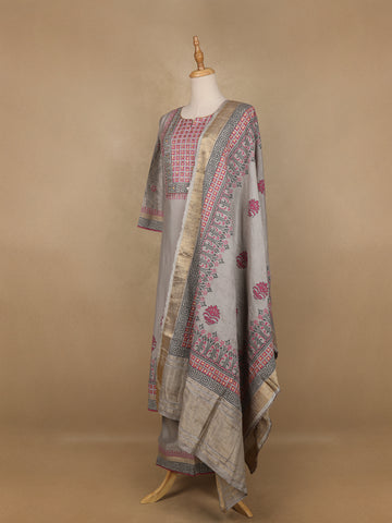 Grey Floral Designed Semi Silk Salwar Suit - Diadem
