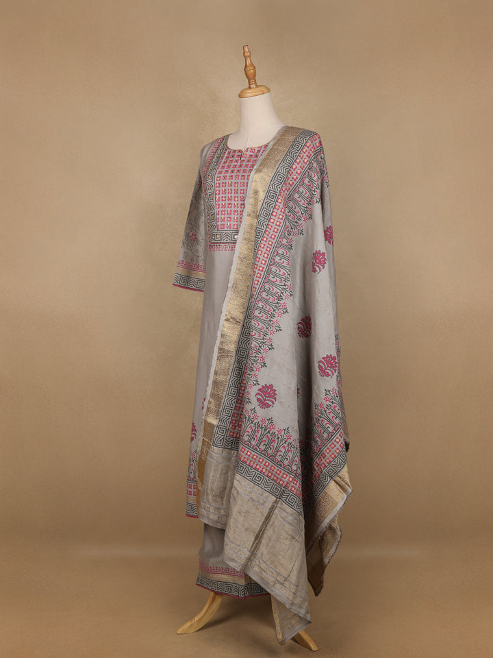 Grey Floral Designed Semi Silk Salwar Suit - Diadem