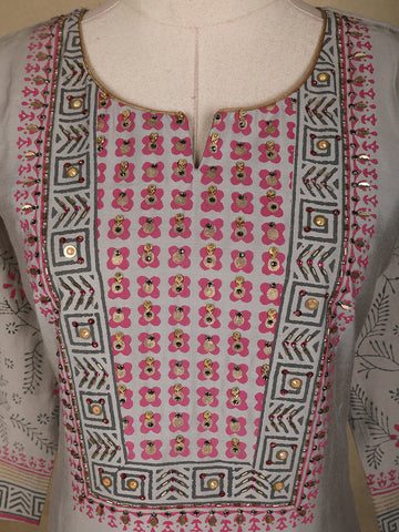 Grey Floral Designed Semi Silk Salwar Suit - Diadem