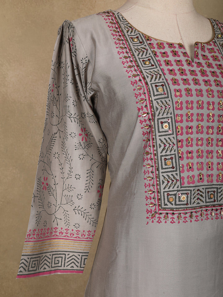 Grey Floral Designed Semi Silk Salwar Suit - Diadem