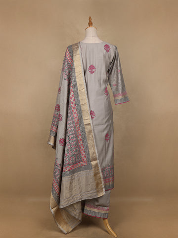 Grey Floral Designed Semi Silk Salwar Suit - Diadem