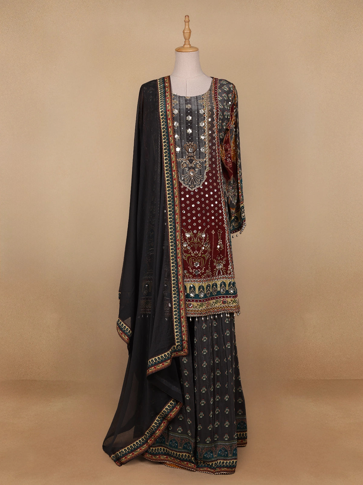 Grey Floral Designed Semi Silk Sharara Salwar Suit - Diadem