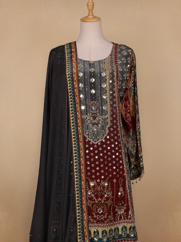 Grey Floral Designed Semi Silk Sharara Salwar Suit - Diadem