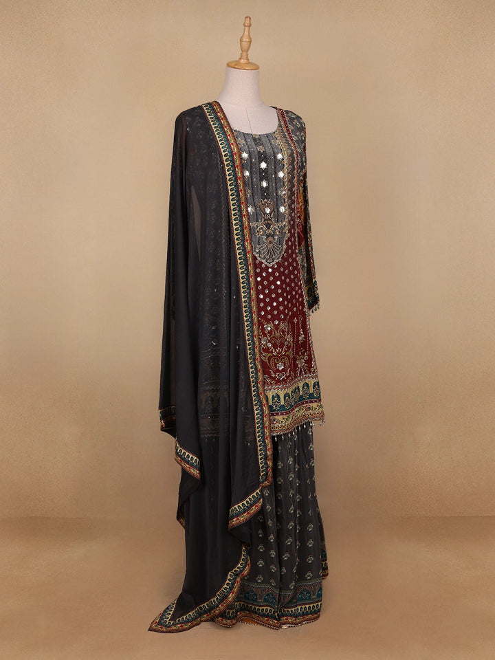 Grey Floral Designed Semi Silk Sharara Salwar Suit - Diadem