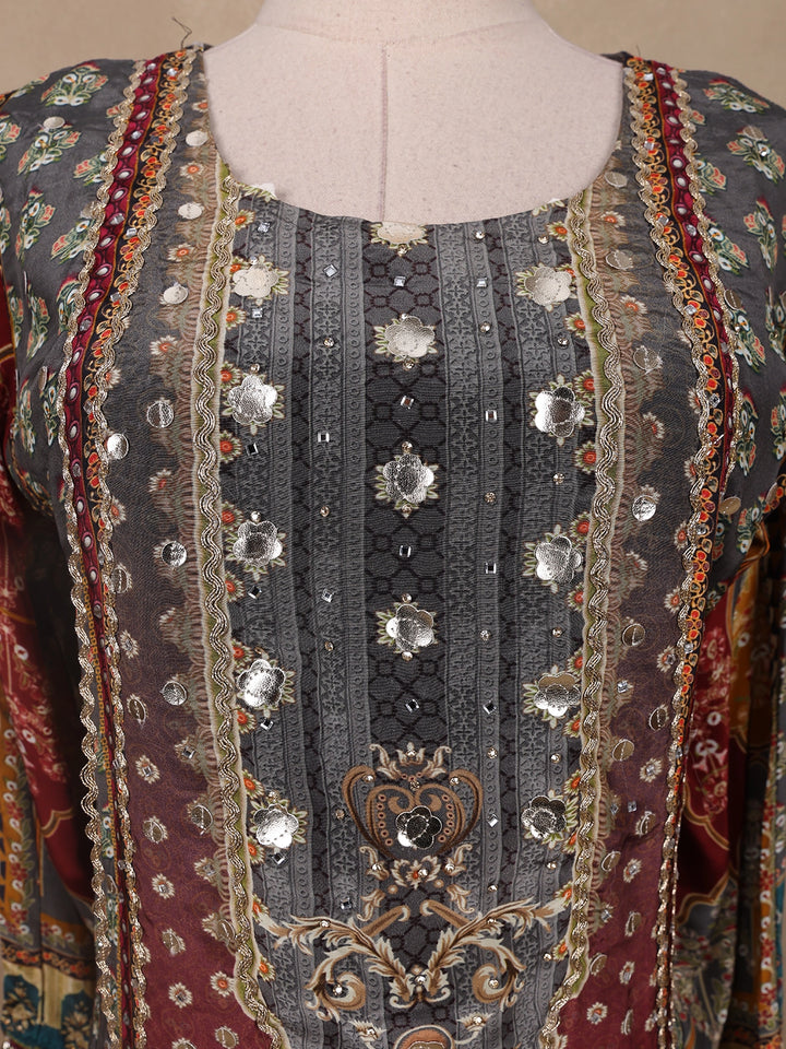Grey Floral Designed Semi Silk Sharara Salwar Suit - Diadem