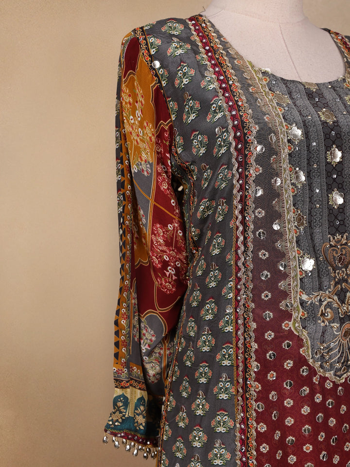 Grey Floral Designed Semi Silk Sharara Salwar Suit - Diadem