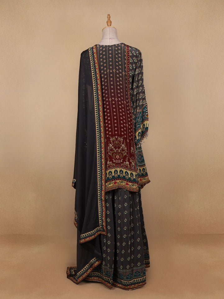 Grey Floral Designed Semi Silk Sharara Salwar Suit - Diadem