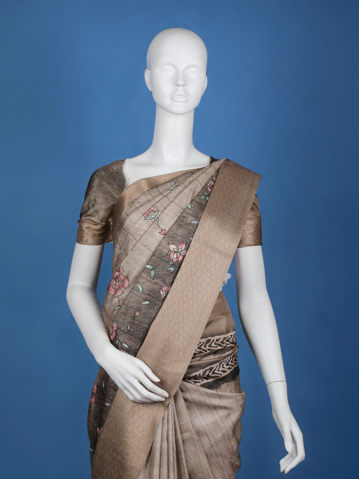 Grey Floral Designed Semi Tussar Saree - Diadem