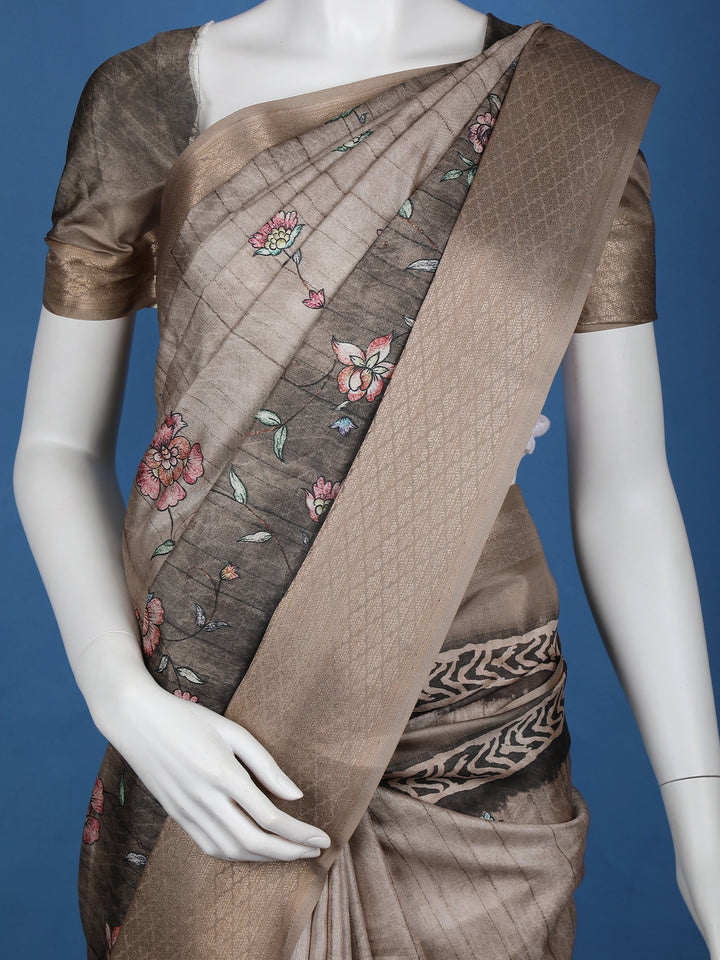 Grey Floral Designed Semi Tussar Saree - Diadem